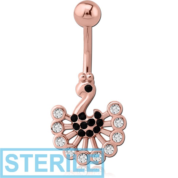 STERILE ROSE GOLD PVD COATED SURGICAL STEEL JEWELLED NAVEL BANANA WITH DANGLING CHARM - PEACOCK