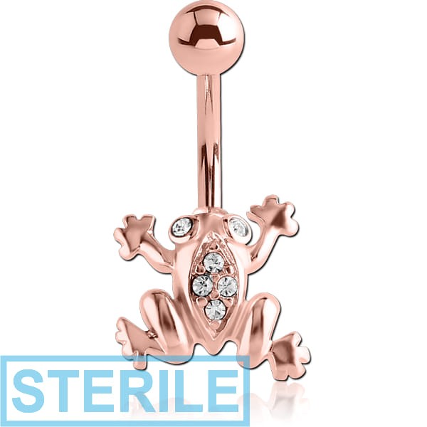 STERILE ROSE GOLD PVD COATED SURGICAL STEEL JEWELLED NAVEL BANANA WITH DANGLING CHARM - FROG