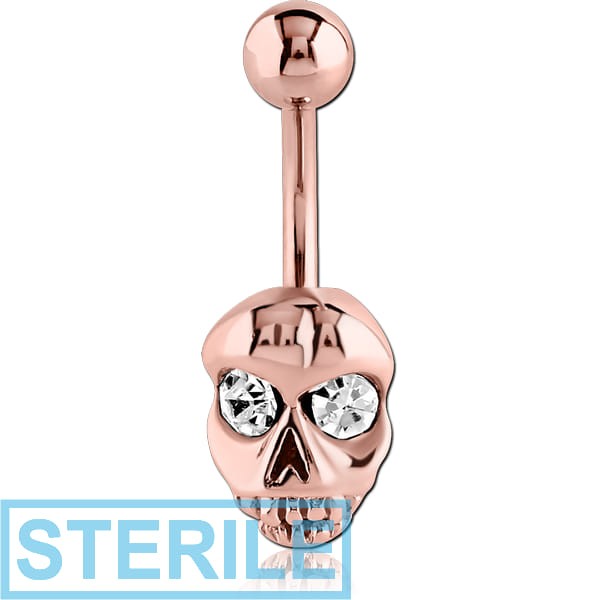 STERILE ROSE GOLD PVD COATED SURGICAL STEEL JEWELLED NAVEL BANANA WITH DANGLING CHARM - SKULL
