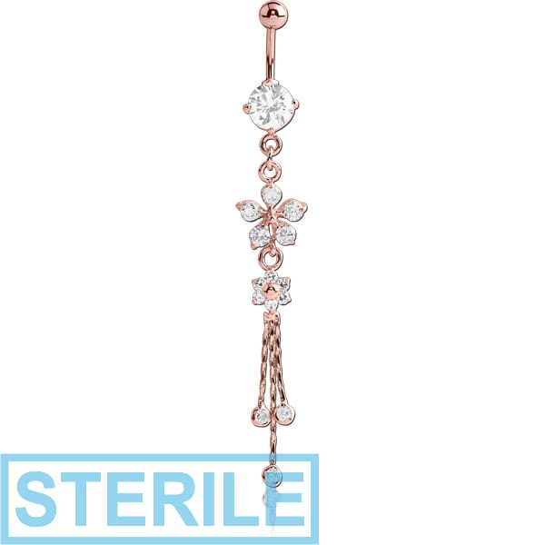 STERILE ROSE GOLD PVD COATED BRASS JEWELLED NAVEL BANANA WITH DANGLING CHARM - FLOWERS