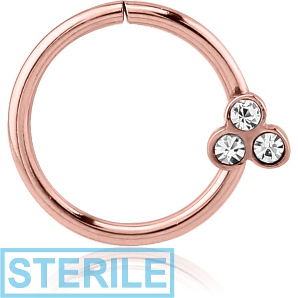 STERILE ROSE GOLD PVD COATED SURGICAL STEEL JEWELLED SEAMLESS RING - ROUND WITH 3 GEMS