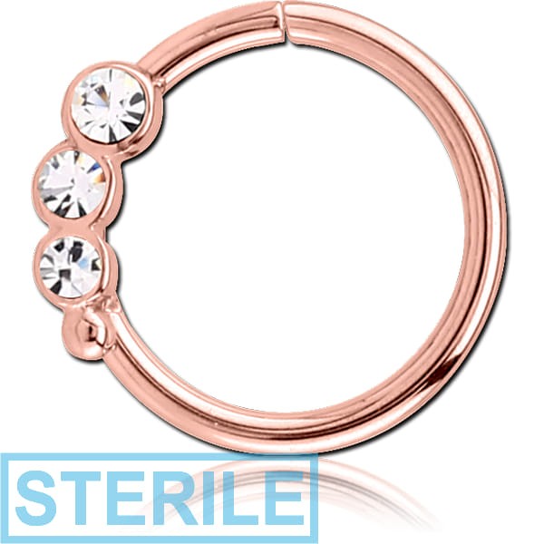 STERILE ROSE GOLD PVD COATED SURGICAL STEEL JEWELLED SEAMLESS RING - RIGHT - TRIPLE GEM
