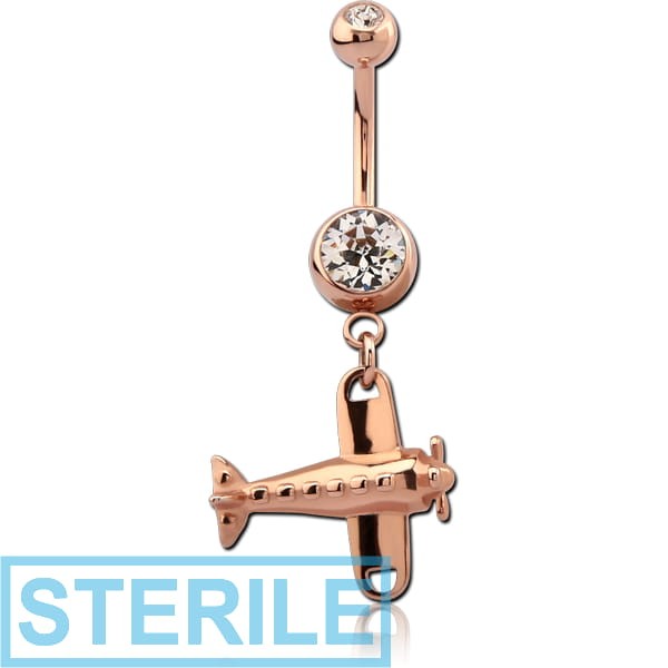 STERILE ROSE GOLD PVD COATED BRASS DOUBLE JEWELLED NAVEL BANANA WITH CHARM