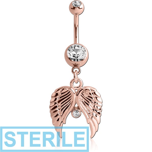 STERILE ROSE GOLD PVD COATED BRASS DOUBLE JEWELLED NAVEL BANANA WITH WINGS CHARM