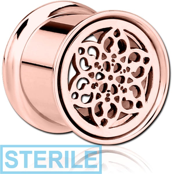 STERILE ROSE GOLD PVD COATED STAINLESS STEEL DOUBLE FLARED INTERNALLY THREADED TUNNEL - FLOWER