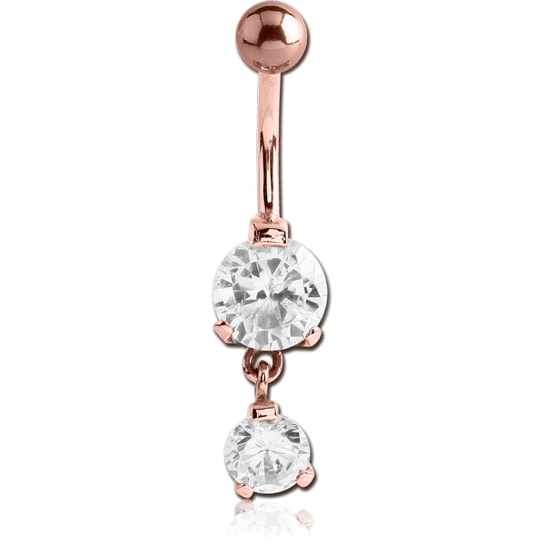 ROSE GOLD PVD COATED SURGICAL STEEL DOUBLE ROUND CZ JEWELLED WITH DANGLING NAVEL BANANA