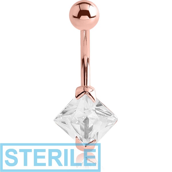 STERILE ROSE GOLD PVD COATED SURGICAL STEEL SQUARE PRONG SET 8MM CZ JEWELLED NAVEL BANANA