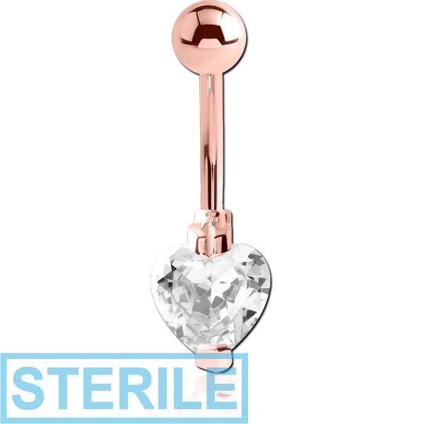 STERILE ROSE GOLD PVD COATED SURGICAL STEEL HEART PRONG SET 8MM CZ JEWELLED NAVEL BANANA
