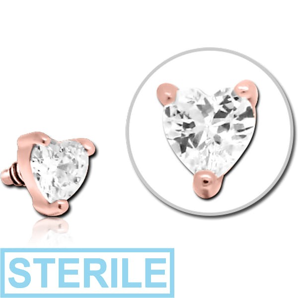 STERILE ROSE GOLD PVD COATED SURGICAL STEEL JEWELLED ATTACHMENT FOR 1.6MM INTERNALLY THREADED PINS - HEART