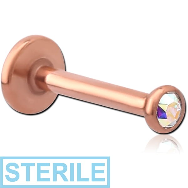 STERILE ROSE GOLD PVD COATED SURGICAL STEEL INTERNALLY THREADED HIGH END CRYSTAL JEWELLED MICRO LABRET