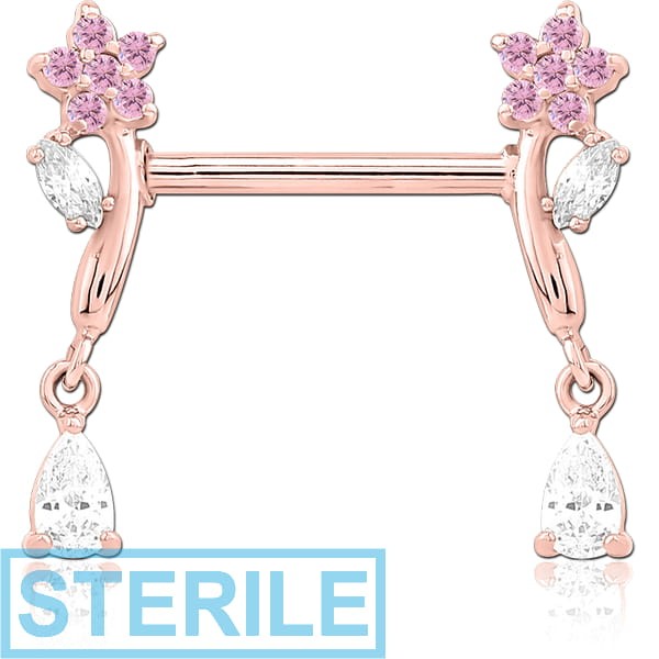 STERILE ROSE GOLD PVD COATED SURGICAL STEEL NIPPLE PIERCING INTERNAL THREADED BAR WITH MOVING CHARM FINE JEWELLED