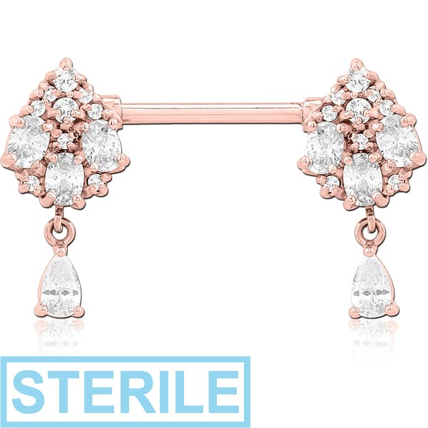 STERILE ROSE GOLD PVD COATED SURGICAL STEEL NIPPLE PIERCING INTERNAL THREADED BAR WITH MOVING CHARM FINE JEWELLED
