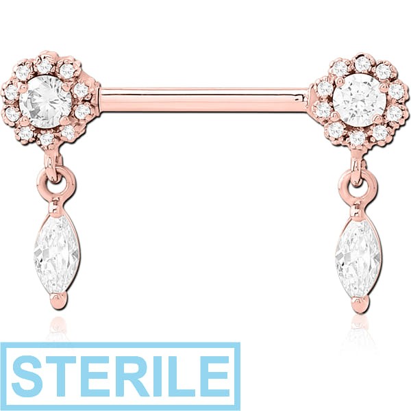 STERILE ROSE GOLD PVD COATED SURGICAL STEEL NIPPLE PIERCING INTERNAL THREADED BAR WITH MOVING CHARM FINE JEWELLED