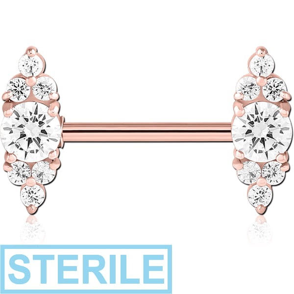 STERILE ROSE GOLD PVD COATED SURGICAL STEEL NIPPLE PIERCING INTERNAL THREADED BAR WITH MOVING CHARM FINE JEWELLED