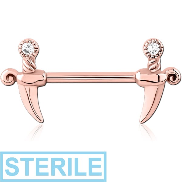 STERILE ROSE GOLD PVD COATED SURGICAL STEEL NIPPLE PIERCING INTERNAL THREADED BAR WITH MOVING CHARM FINE JEWELLED