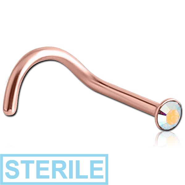 STERILE ROSE GOLD PVD COATED SURGICAL STEEL JEWELLED CURVED NOSE STUD WITH GLUED STONE