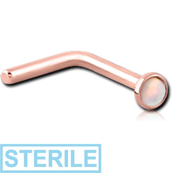 STERILE ROSE GOLD PVD COATED SURGICAL STEEL SYNTHETIC OPAL 90 DEGREE NOSE STUD