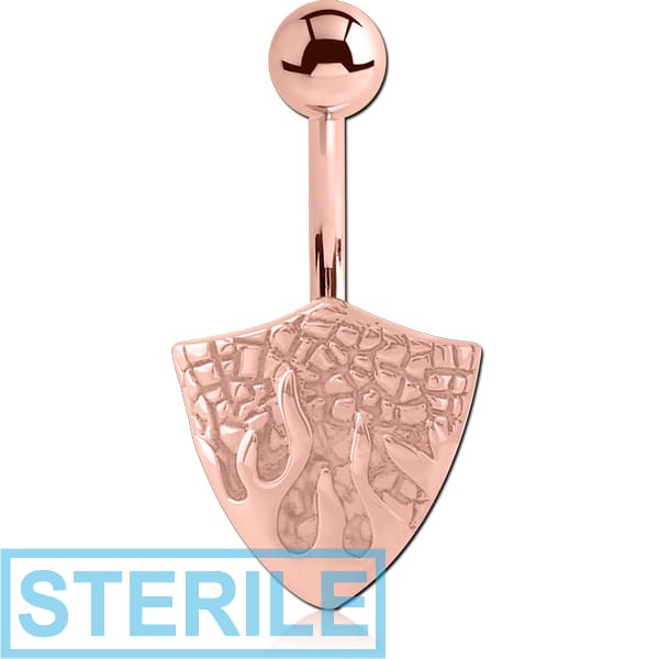 STERILE ROSE GOLD PVD COATED SURGICAL STEEL KOOL KATANA NAVEL BANANA - SHIELD WITH FLAMES