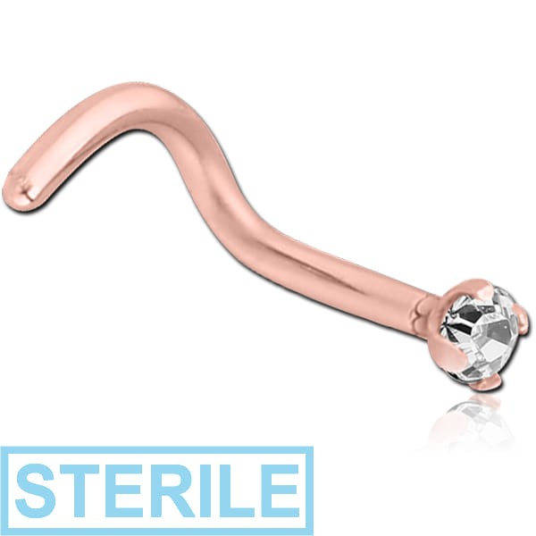 STERILE ROSE GOLD PVD COATED SURGICAL STEEL LARGE LEFT CURVED PRONG SET 2MM JEWELLED NOSE STUD