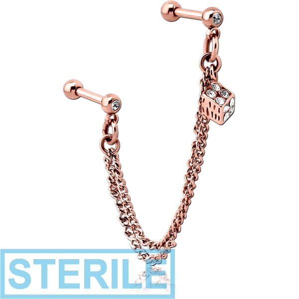 STERILE ROSE GOLD PVD COATED SURGICAL STEEL JEWELLED TRAGUS MICRO BARBELLS CHAIN LINKED - RUBIK