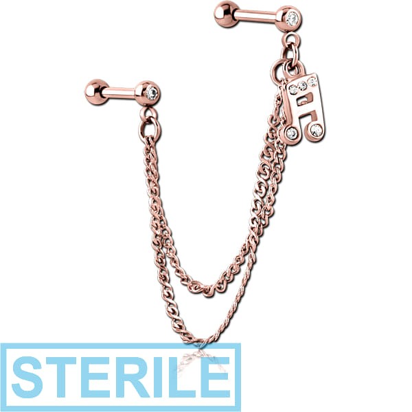 STERILE ROSE GOLD PVD COATED SURGICAL STEEL JEWELLED TRAGUS MICRO BARBELLS CHAIN LINKED - MUSIC NOTE