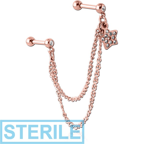 STERILE ROSE GOLD PVD COATED SURGICAL STEEL JEWELLED TRAGUS MICRO BARBELLS CHAIN LINKED - STAR