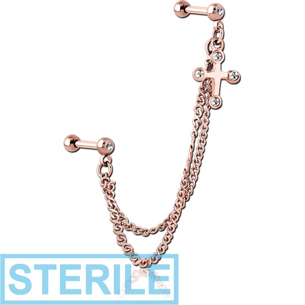 STERILE ROSE GOLD PVD COATED SURGICAL STEEL JEWELLED TRAGUS MICRO BARBELLS CHAIN LINKED - CROSS