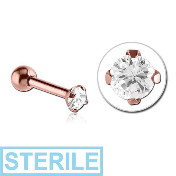 STERILE ROSE GOLD PVD COATED SURGICAL STEEL ROUND PRONG SET JEWELLED TRAGUS MICRO BARBELL