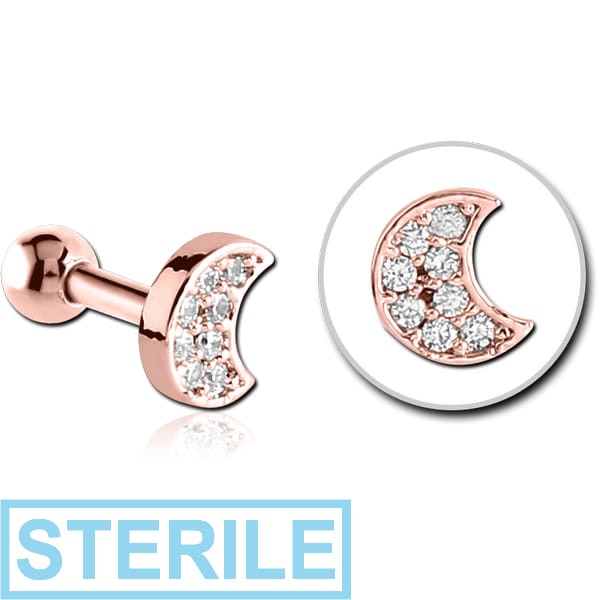 STERILE ROSE GOLD PVD COATED SURGICAL STEEL JEWELLED TRAGUS MICRO BARBELL - CRESCENT