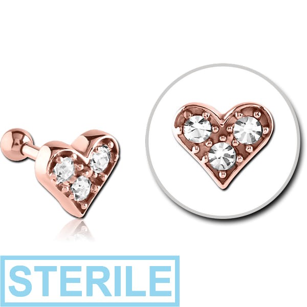 STERILE ROSE GOLD PVD COATED SURGICAL STEEL JEWELLED TRAGUS MICRO BARBELL - HEART