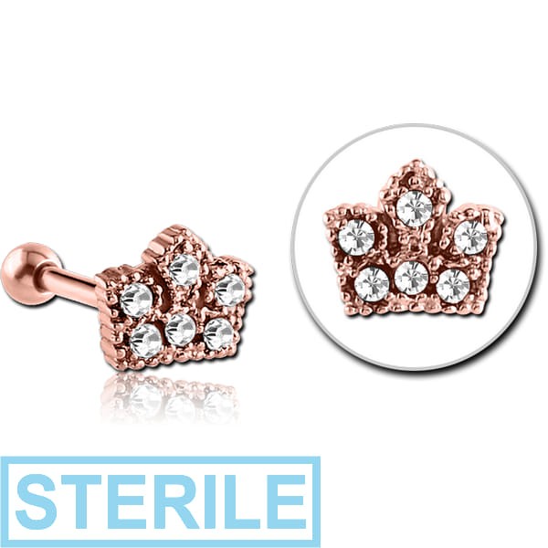 STERILE ROSE GOLD PVD COATED SURGICAL STEEL JEWELLED TRAGUS MICRO BARBELL - CROWN