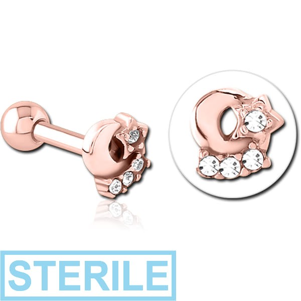 STERILE ROSE GOLD PVD COATED SURGICAL STEEL JEWELLED TRAGUS MICRO BARBELL - PLAIN MOON AND STARS