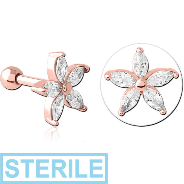 STERILE ROSE GOLD PVD COATED SURGICAL STEEL JEWELLED TRAGUS MICRO BARBELL - FLOWER