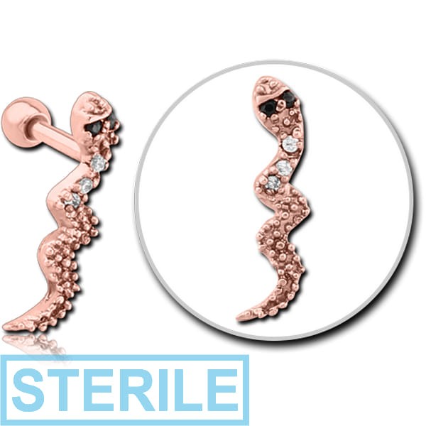 STERILE ROSE GOLD PVD COATED SURGICAL STEEL JEWELLED TRAGUS MICRO BARBELL - SNAKE