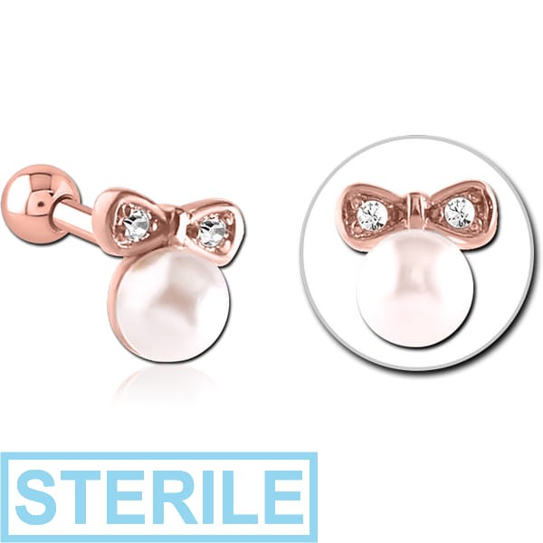 STERILE ROSE GOLD PVD COATED SURGICAL STEEL JEWELLED TRAGUS MICRO BARBELL - BOW AND PEARL