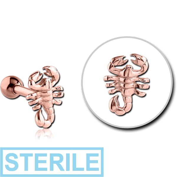 STERILE ROSE GOLD PVD COATED SURGICAL STEEL TRAGUS MICRO BARBELL - LARGE SCORPION