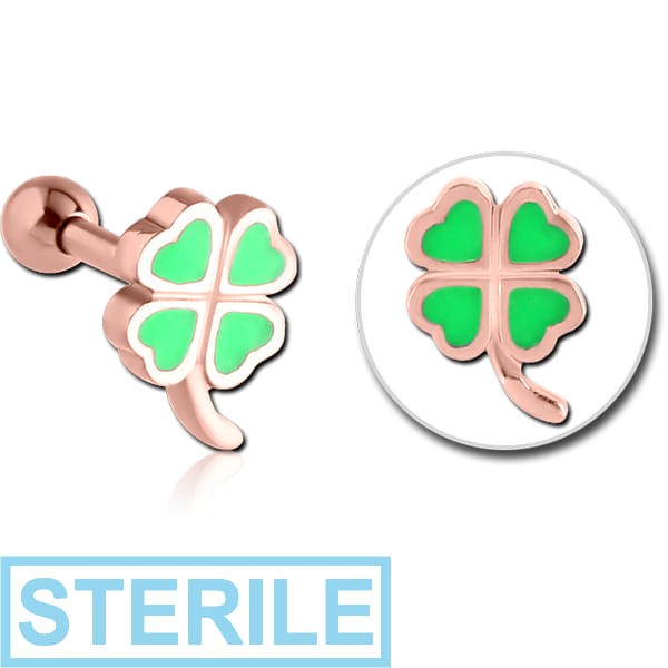 STERILE ROSE GOLD PVD COATED SURGICAL STEEL TRAGUS MICRO BARBELL WITH ENAMEL - SHAMROCK