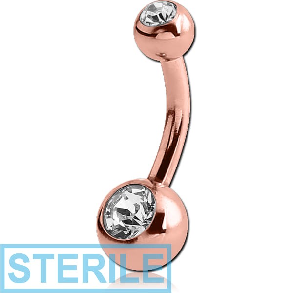 STERILE ROSE GOLD PVD COATED SURGICAL STEEL DOUBLE JEWELLED MINI NAVEL BANANA