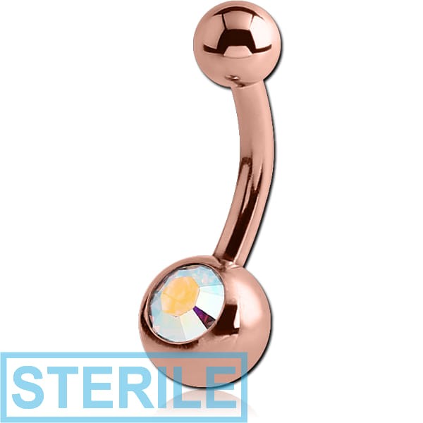 STERILE ROSE GOLD PVD COATED SURGICAL STEEL JEWELLED MINI NAVEL BANANA