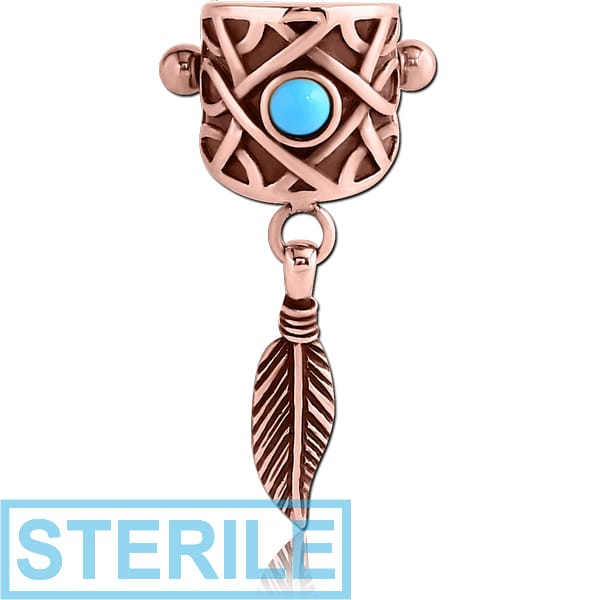 STERILE ROSE GOLD PVD COATED SURGICAL STEEL JEWELLED CARTILAGE SHIELD - DANGLING FEATHER