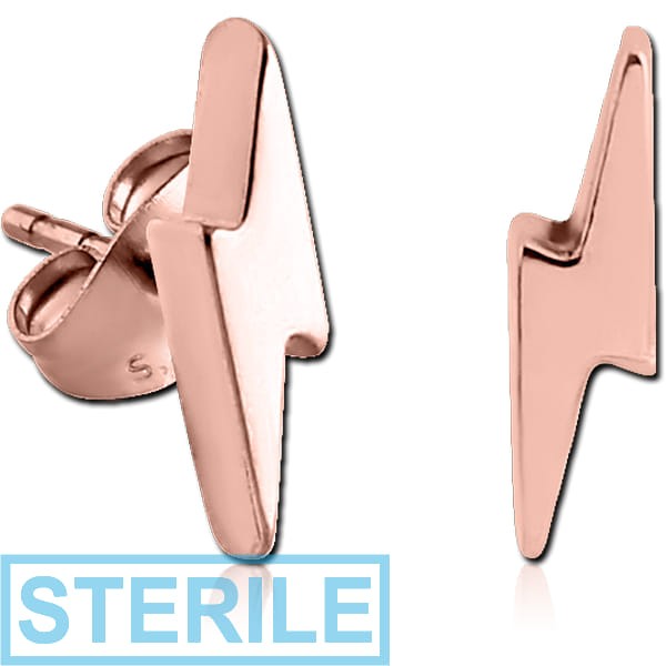 STERILE ROSE GOLD PVD COATED SURGICAL STEEL EAR STUDS PAIR - LIGHTNING