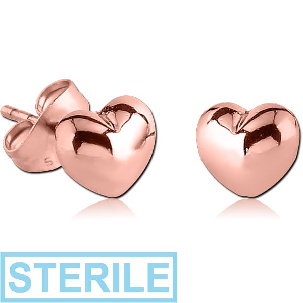 STERILE ROSE GOLD PVD COATED SURGICAL STEEL EAR STUDS PAIR - HEART