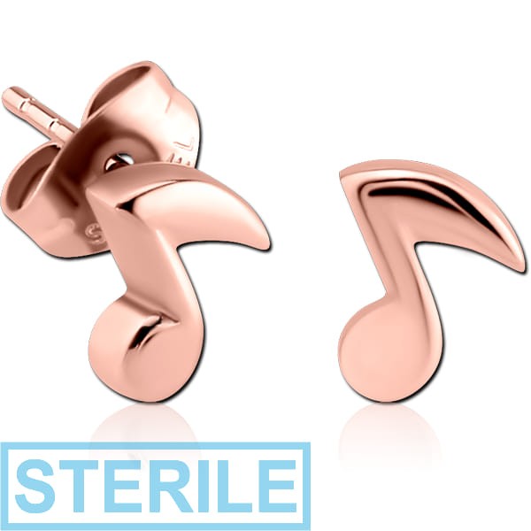 STERILE ROSE GOLD PVD COATED SURGICAL STEEL EAR STUDS PAIR - MUSIC NOTE