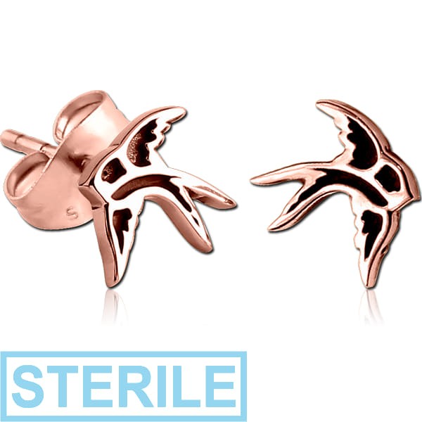 STERILE ROSE GOLD PVD COATED SURGICAL STEEL EAR STUDS PAIR - BIRD