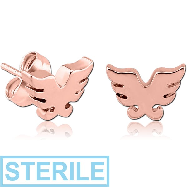 STERILE ROSE GOLD PVD COATED SURGICAL STEEL EAR STUDS PAIR - WINGS
