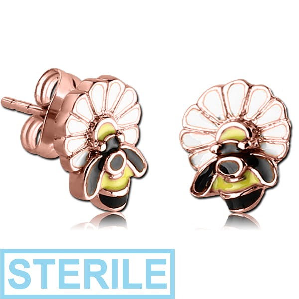 STERILE ROSE GOLD PVD COATED SURGICAL STEEL EAR STUDS PAIR - BEE ON FLOWER