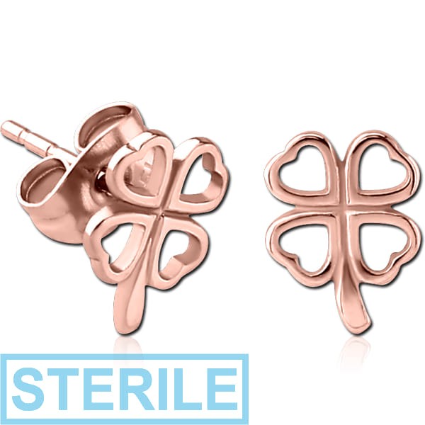 STERILE ROSE GOLD PVD COATED SURGICAL STEEL EAR STUDS PAIR - SHAMROCK