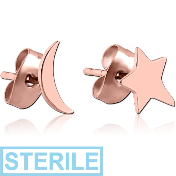 STERILE ROSE GOLD PVD COATED SURGICAL STEEL EAR STUDS PAIR - STAR CRESCENT