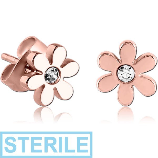STERILE ROSE GOLD PVD COATED SURGICAL STEEL JEWELLED EAR STUDS PAIR - FLOWER