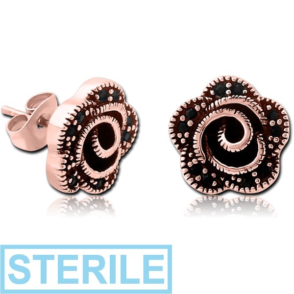 STERILE ROSE GOLD PVD COATED SURGICAL STEEL JEWELLED EAR STUDS - FLOWER